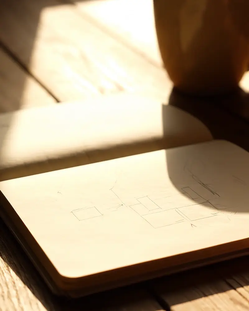 An open notebook with a sketched plan, beside a mug in morning light